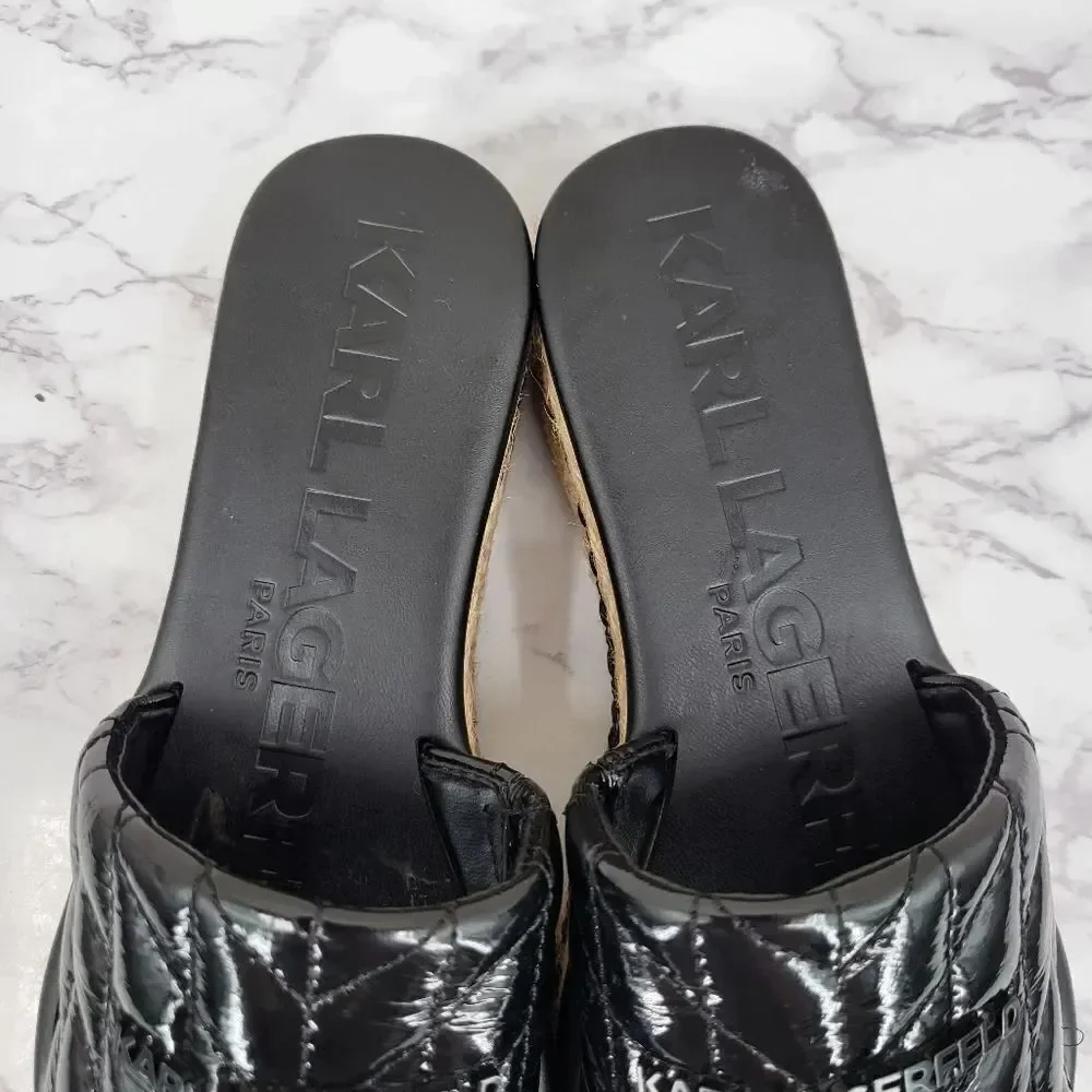 Karl Lagerfeld Kamara Black Quilted Platform Slide Sandals Jute Espadrilles